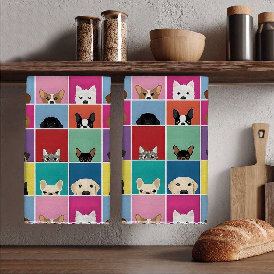 2pcs Cartoon Colorful Plaid Dog Pattern Kitchen Towels, Rectangular Microfiber Kitchen Towels, Dishcloths, Scouring Pads, Hand Towels, Cooking Baking Tea Towels, Kitchen Decor, Housewarming Gift, Birthday Gift, Bathroom Cleaning Wipes, Decorative Towels - Multicolor - View 1