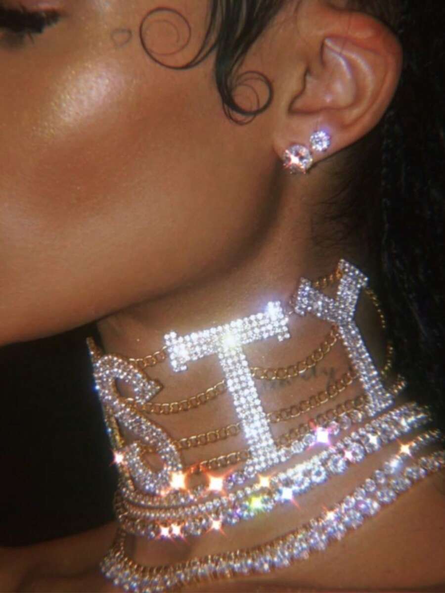 1pc Fashion Letter "NASTY" Rhinestone Necklace, Sexy Women's Party Jewelry Accessory - Gold - View 1