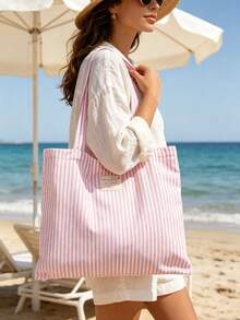 Vintage Striped Canvas Tote Bag Women Large Capacity Red & White Striped Shoulder Bag Aesthetic Reusable Shopping Bag Casual Everyday Handbag Spacious Interior Lightweight Travel Work School Beach Grocery Shopping Weekend Outing Open Design Easy To Use Washable Tote Bag Women Mom Girl Perfect Gift Summer Holiday Back To School Birthday Christmas - Multicolor - View 3