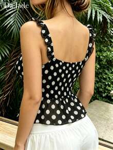 Da Jade Damen Y2K Schwarz-Weiß Polka Dot Cami Top mit Rüschen, Spaghettiträgern, quadratischem Ausschnitt, geraffter Brustpartie, Volant Saum, schmaler Passform, weich, für Sommer, Strand, Urlaub, Date Bluse - Schwarz - Übersicht 3