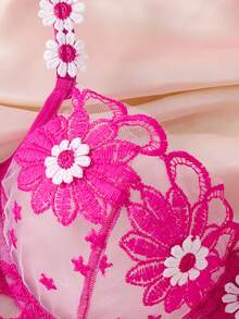 ROMWE Y2K 1 Set 2pcs Women's Rose Red Embroidered Floral Daily Lingerie Set, Comfortable Home Style Ultra Short Top And Thong - Rose Red - View 3