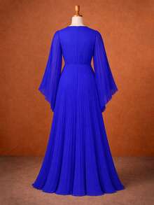 AOMEI Elegant Noble Royal Blue Chiffon Pleated Long Dress V-Neck Beaded Decor Long Batwing Sleeve Waist Belt Luxurious Evening Wedding Guest Party Gown - Blue - View 8