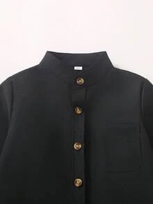 Kemeja Anak Laki-Laki Warna Polos Minimalis Kerah Tegak Kecil Lengan Panjang Kancing Depan Kasual Serbaguna dengan Saku Tempel Warna Polos - Hitam - View 4