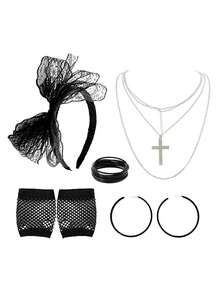 Bộ 5 món phụ kiện trang phục tiệc Punk Rock nữ thập niên 80, băng đô nơ ren, bông tai hình chữ thập, dây chuyền, găng tay ren, vòng tay, phong cách Gothic phù hợp cho tiệc retro 80s, tiệc khiêu vũ, tiệc đường phố, phụ kiện phong cách Y2K - Nhiều màu - Xem 11