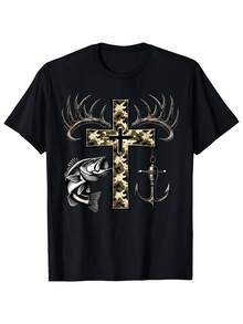 2026 camisetas de hombre con estampado de camuflaje de cruz, astas de ciervo, pez y ancla| Camiseta para Caza y Pesca al Aire Libre, Cuello Redondo, Estampado Creativo, Manga Corta, Tela Sua - Negro - Ver 1