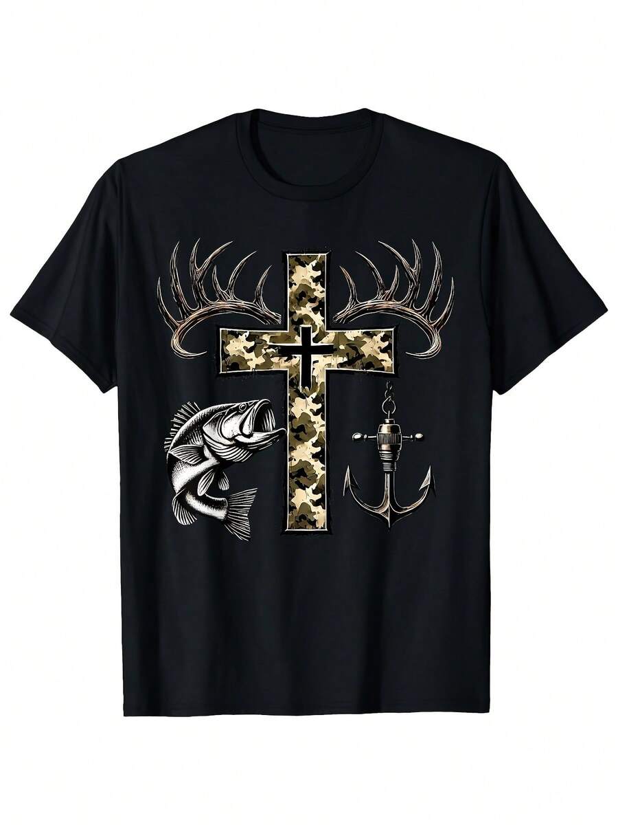 2026 camisetas de hombre con estampado de camuflaje de cruz, astas de ciervo, pez y ancla| Camiseta para Caza y Pesca al Aire Libre, Cuello Redondo, Estampado Creativo, Manga Corta, Tela Sua - Negro - Ver 1