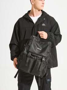 Zaino cargo nero impermeabile in nylon per uomo e donna, spazioso zaino casual per il tempo libero con coulisse e scomparti multipli, ideale per l'università, il campeggio e le gite di un giorno. - A - Visualizzare 11
