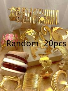 20/15/10/3 件套，粗链、复古、优雅几何水滴、花朵、蝴蝶纹理丝带、链条、链、树脂压纹心形链、扭珠、光滑素面手镯，多元素时尚简约优雅精致复古设计首饰套装，适合节日、派对、约会、送礼、日常佩戴 - 金黃色 - 查看 10