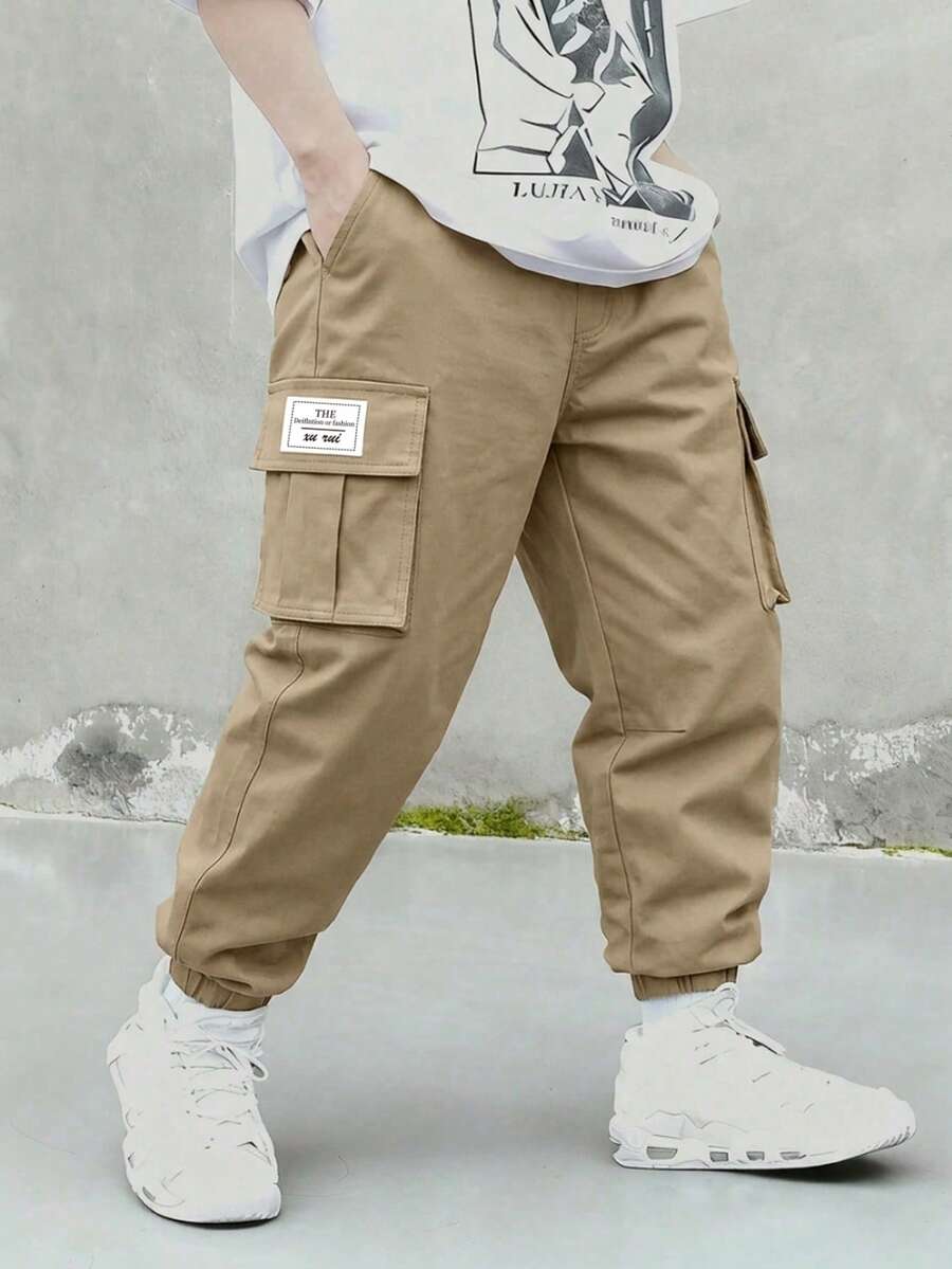 1pc Young BoyCasual Versatile Retro School/Commute Cargo Pants - Khaki - View 1
