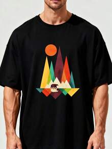 Camiseta de Hombre 100% Algodón con Estampado Geométrico de Oso y Sol en Montaña y Bosque - Suave, Transpirable, para Todas las Temporadas, de Manga Corta, con Gráficos Vibrantes en Verde y - Negro - Ver 1