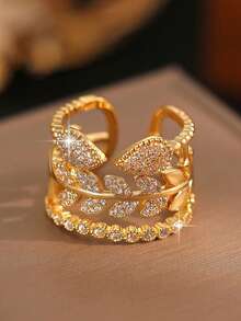 1 chiếc nhẫn hở sang trọng hình lá 3 lớp đính đá Cubic Zirconia, màu vàng, phù hợp cho nữ, quà tặng trang sức cho đám cưới, lễ đính hôn, kỷ niệm, tiệc tùng. - vàng - Xem 7