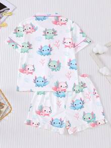 4-Season New Tween Girl's Short Pajama Set, Soft Cute Hexagonal Dragon Print, Lapel Button-Down Home Sleepwear Outfit, Summer Flame-Retardant New Short Sleeve Shorts Set, Cute Hexagonal Dragon Paired With Shell And Starfish Print, Soft Fabric, Comfortable And Breathable, Summer Holiday Party Set, Short Sleeve Shirt Lapel Button-Up Top And Elastic Shorts, Casual 4-Season Home And Outdoor Children's Loungewear - White - View 2