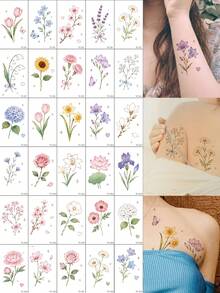 30片可愛水彩花卉小臨時紋身貼紙，鬱金香、玫瑰、雛菊、薰衣草、百合及其他假紋身貼紙，防水耐用植物身體藝術紋身，適合女性和女孩，可用於全身 - 彩色 - 查看 11