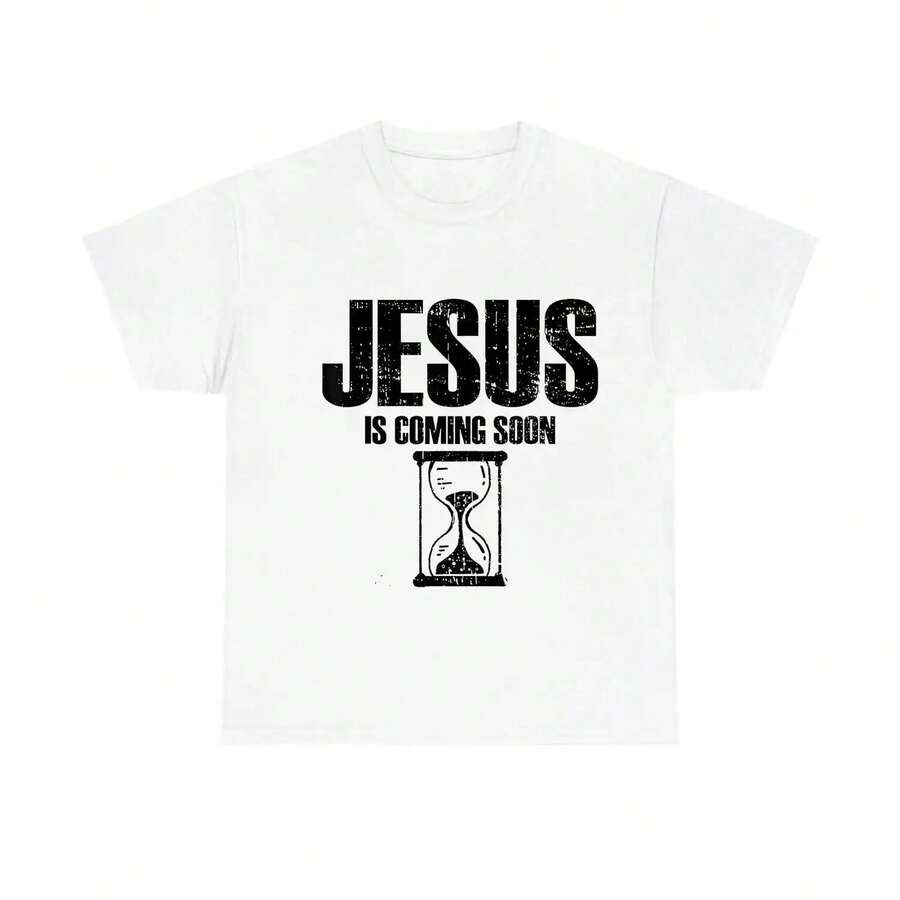 Camiseta Ligera y Transpirable, de algodón con corte relajado y estampado cristiano "Jesús Viene Pronto", perfecta para un estilo casual urbano. JH0L - Blanco - Ver 1