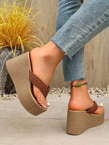 厚底楔形跟後扣帶涼鞋，百搭增高女鞋 - 棕色 - 查看 5