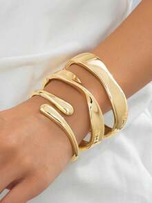 3 piezas de brazaletes de metal dorado con diseño geométrico hueco exagerado, brazaletes apilables de joyería adecuados para mujeres, uso diario, fiesta, vacaciones, regalo de joyería gruesa - Dorado - Ver 28