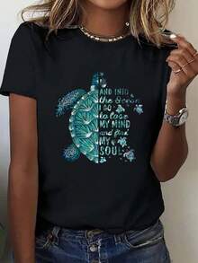 Women's Turtle Slogan Graphic T-Shirt, Short Sleeve Crew Neck Women's Cotton T-Shirts, Casual Shirts, 220g - 黑色 - 查看 1