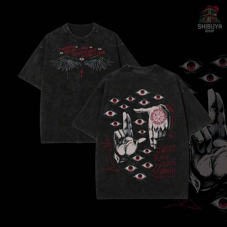 Camisetas Wings Hellsing Retro Vintage Wash Unisex Oversize de Algodón Grueso Lavado al Ácido, Regalo para Fanáticos del Anime, Sudaderas con Gráficos, Ropa de Hombre, Streetwear - Negro - Ver 1