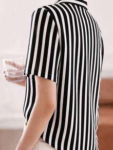 女款條紋短袖單排扣休閒通勤襯衫 夏季 - 黑與白 - 查看 3