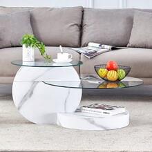 Modern Minimalist Coffee Table With Two Levels In Tempered Glass, High-Quality MDF Structure With A Black And White Marble Effect. Available In Several Colors. - White - View 9
