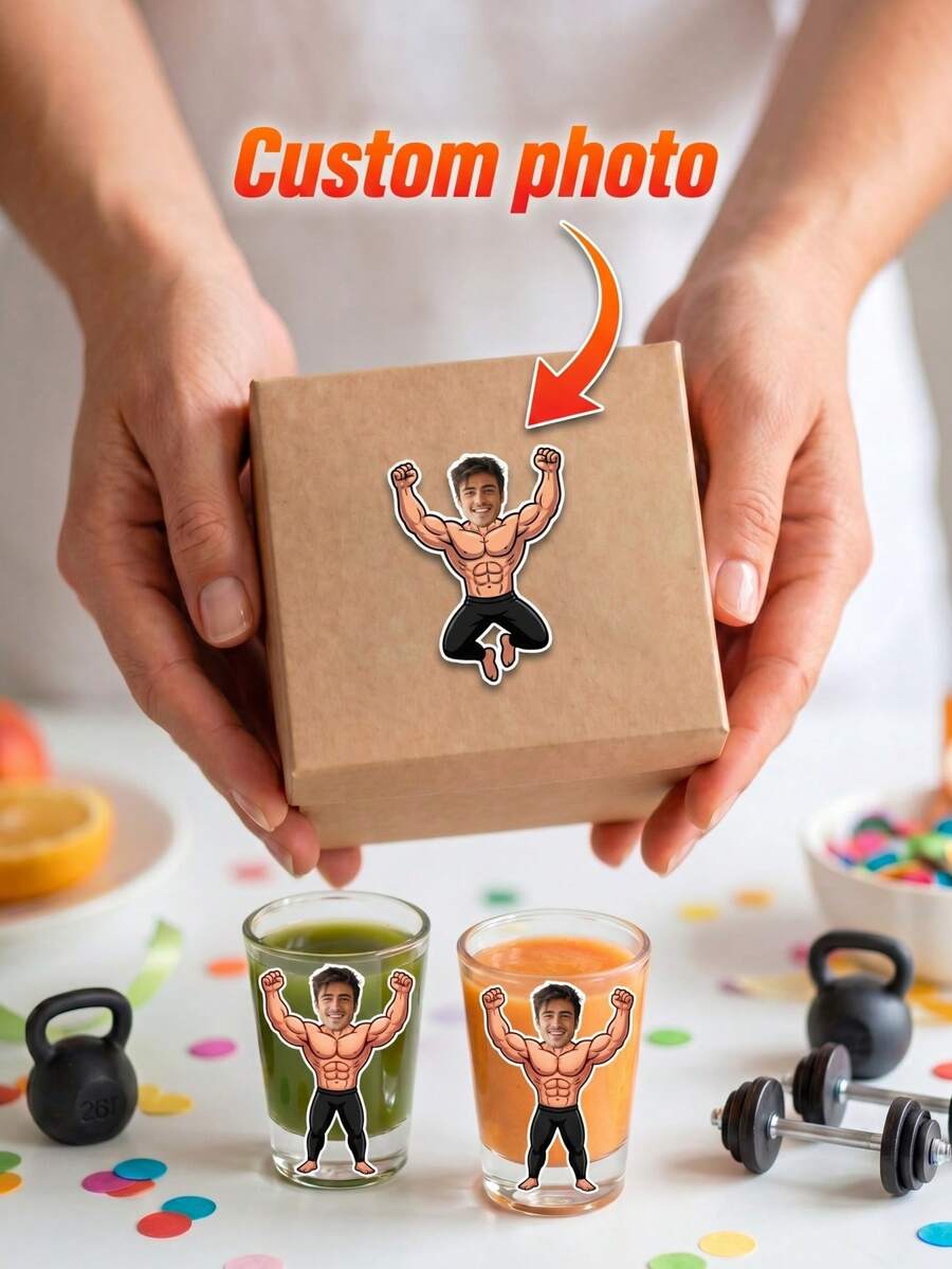 12/24/48pcs Personalized Fitness Party Stickers,Custom Photo,Funny Personalized Muscle Man Decals For Gym Party,Muscle Man Decals For Fitness And Workout Themed Parties - Multicolor - View 1