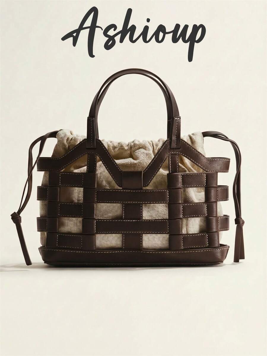 Woven Cage Tote Bag, Structured Large Handbag, Suitable For Daily And Vacation Styles, Structured Woven Design, Modern Minimalist Silhouette - Coffee - View 1
