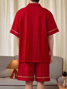 Gongdie 2 Pieces Couple Men Pajama Set,Summer Soft Cotton With Gold Zigzag Trim And Dog Print Loungewear - Red - View 4