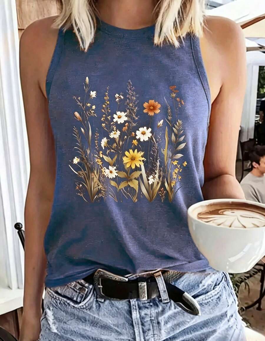 Women Sleeveless Tank Top, Vintage Wildflower Print, Racerback Loose Fit, Soft Cotton Mid-Length Vest; Boho, Daily/Vacation/Layering Casual Wear - 寶藍色 - 查看 1