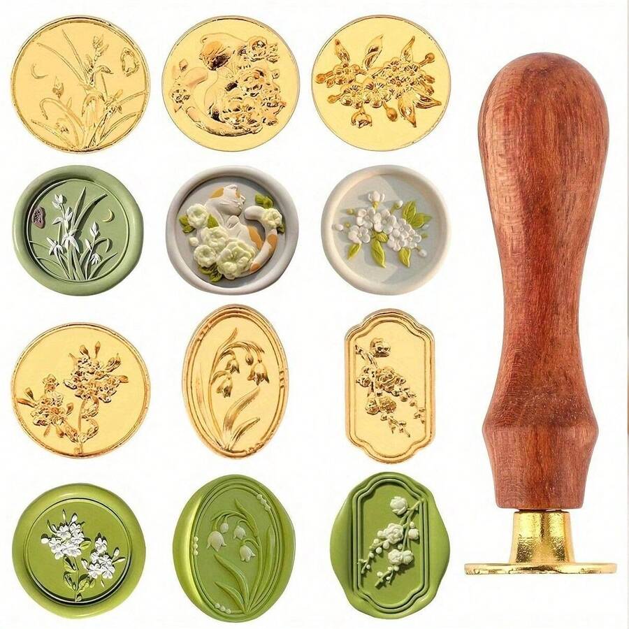 6pcs Gold Alloy Wax Seal Stamp Set With Replaceable Wooden Handle - Cat, Camellia Pattern, For Invitations, Cards, Envelopes And Gift Packaging, Stamps, Floral Pattern - A - View 1