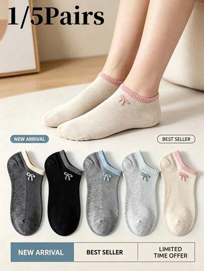 1/5 Pair Sweet Bow Tie Women's Boat Socks, Pure Cotton Breathable Non-Slip Casual Short Socks For Daily Wear