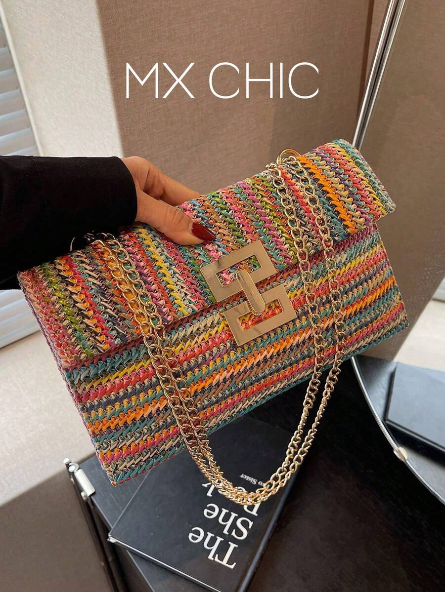 1 pieza Bolso de mano con correa de cadena tejida de paja con forma cuadrada y colores arcoíris, accesorio de moda versátil para mujeres - Multicolor - Ver 1
