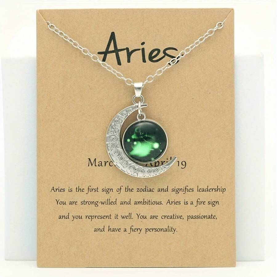 1 Collar con Colgante Lunar del Zodiaco Retro que Brilla en la Oscuridad - Estilo Vintage, Aleación de Zinc con Detalles, Cadena Ajustable para Mujer - Ideal para Uso Diario y Regalos - Aries - Ver 1