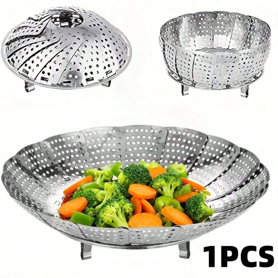 1 Piece - Extendable Stainless Steel Steamer Basket - Foldable And Adjustable Vegetable Steamer Basket, Drain Basket, Suitable For Most Cookware, Ideal For Cooking Pasta, Vegetables, And Seafood, Suitable For Everyday Household Steaming Preparation.