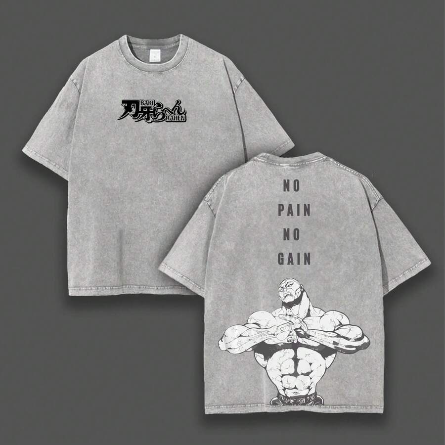 Jack Hanma No Pain No Gain Gym T-Shirt, Loose Fit Anime Style Baki T-Shirt, Acid Wash Effect Cotton Workout Top, Double-Layer Streetwear T-Shirt - 深灰色 - 查看 1