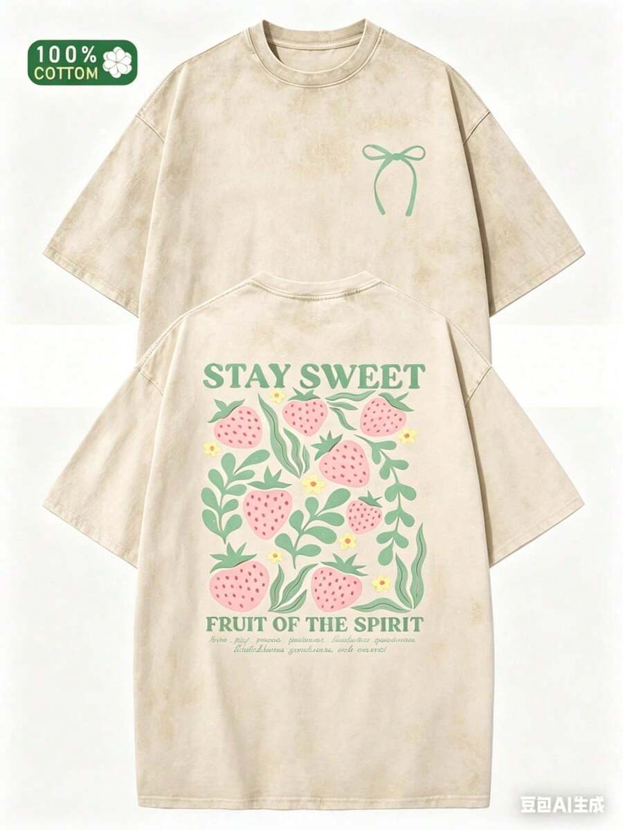 E Vacation, Design, Comfortable Fit, Unisex Clothing, Fashion Lovers, Outdoor Clothing, Casual Clothing, Elastic T-Shirt, Stylish Graphic Tees, Washed Cotton Summer Clothes - 杏色 - 查看 1