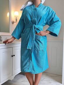 BATA DE BAÑO UNISEX AMPLIA Y LARGA EXCELENTE ABSORCIÓN TELA MICROTOALLA (ALGODÓN CON MICROFIBRA) - Azul turquesa - Ver 3