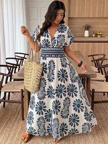 Spring/Summer Shirred Printed Gathered A-Line Slit Casual Vacation Elegant Women's Dress, Suitable For Daily And Vacation Wear - Multicolor - View 3