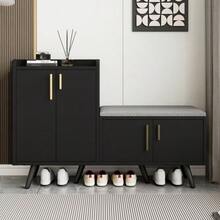 Modern Shoe Bench In Black Walnut, Shoe Cabinet, Equipped With Four Storage Doors, Asymmetrical Metal Handles, W 120/D 34/H 82 Cm - Black - View 4