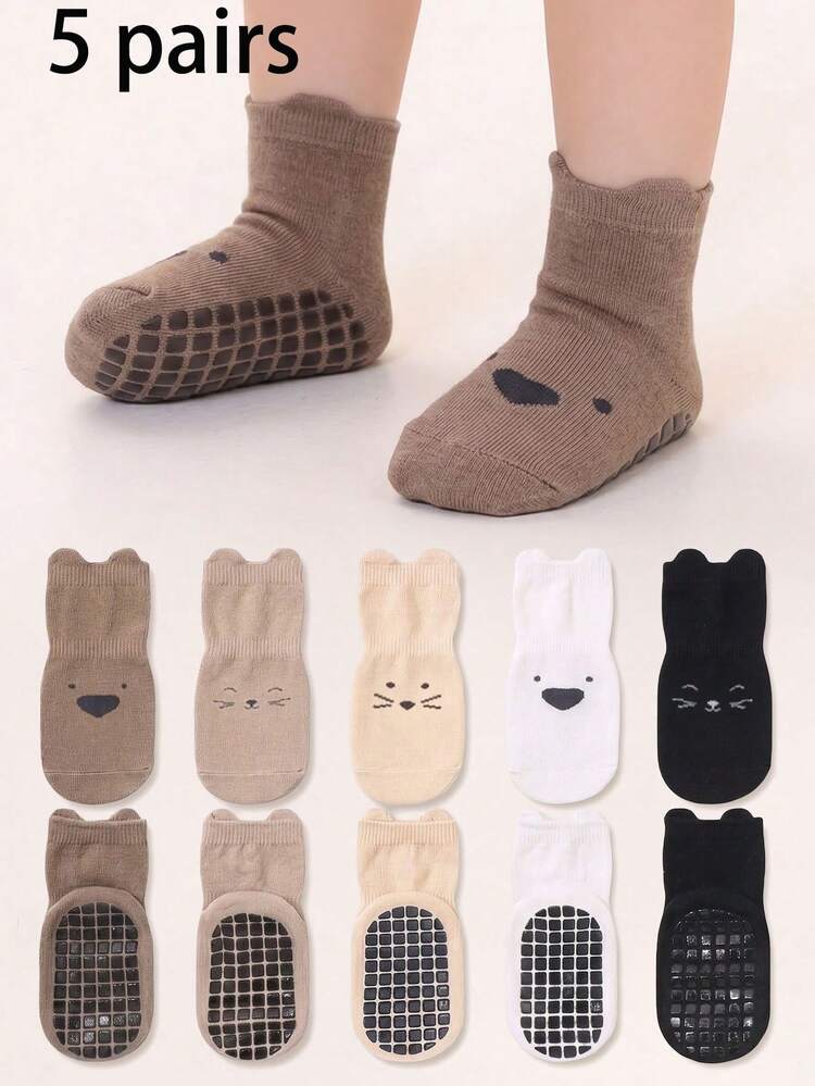 5/10 Pairs Earth Tone 3D Ear & Face Jacquard Non-Slip Baby Boat Socks, Toddler Socks For Boys, Anti-Friction Design, Soft Breathable Elastic Daily Socks, 0-36 Months, Suitable For Autumn Daily Wear And Back To School Season, Baby Socks, Boys Socks, Non-Slip Socks, Anti-Slip Socks - Multicolor - View 7