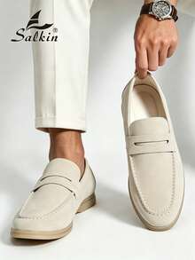 Salkin 奢華男士便士樂福鞋，純色仿麂皮休閒皮鞋，經典設計師平價奢華適合現代生活，柔軟舒適時尚優雅紳士社交鞋，百搭西裝、學生、畢業典禮、學院風、商務正式、辦公室、派對、宴會、婚禮、新郎鞋，春夏秋季，請選擇大一號 - 米色 - 查看 2