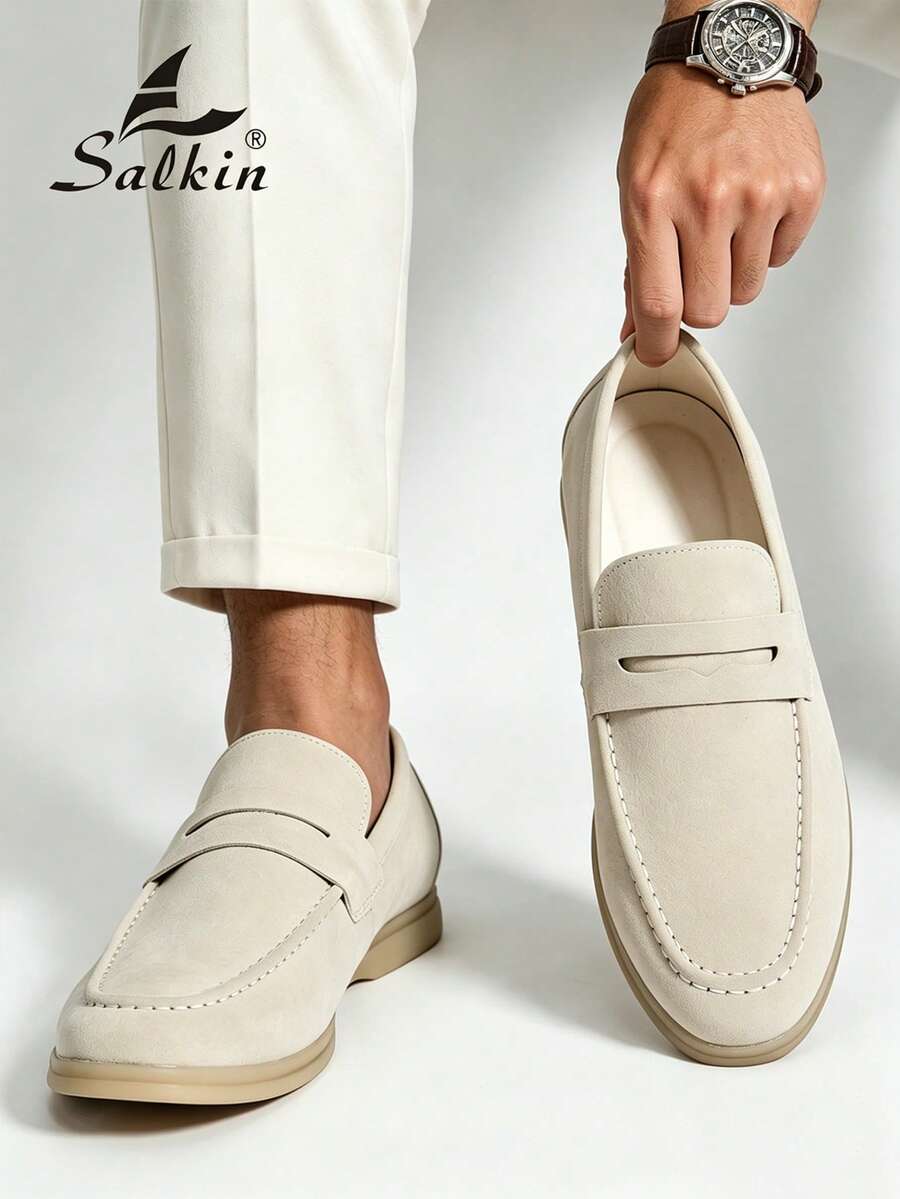 Salkin 奢華男士便士樂福鞋，純色仿麂皮休閒皮鞋，經典設計師平價奢華適合現代生活，柔軟舒適時尚優雅紳士社交鞋，百搭西裝、學生、畢業典禮、學院風、商務正式、辦公室、派對、宴會、婚禮、新郎鞋，春夏秋季，請選擇大一號