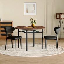 Modern Minimalist Round Table Set (2 White Polyurethane Armchairs With Curved Backrest), 100cm Diameter Round Table With Wood Look, Suitable For The Dining Room And Kitchen. - Black and Brown - View 3