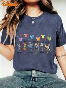 Disney Zootopia Judy Hopps & Nick Wilde Mickey Balloon Women's T-Shirt, Casual Crew Neck Tee For Disney Fans, Breathable Cotton Blend - 寶藍色 - 查看 1