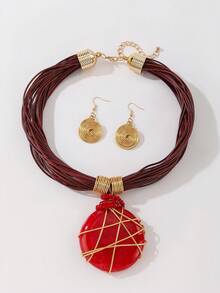 Bohemian Resin Pendant Multi-Strand Wax Cord Necklace And Earrings Set, Wedding And Daily Wear Jewelry - Red - View 1