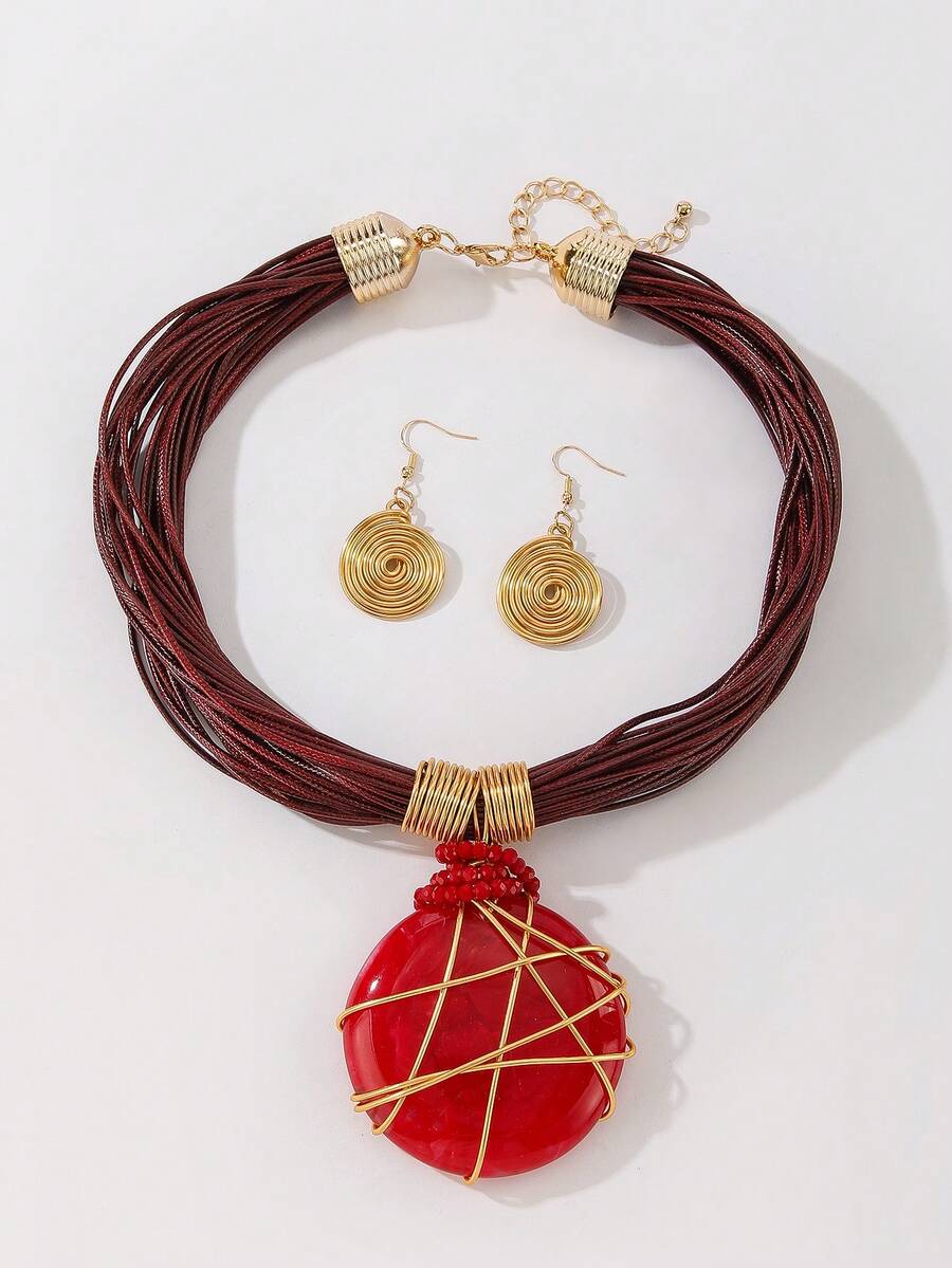 Bohemian Resin Pendant Multi-Strand Wax Cord Necklace And Earrings Set, Wedding And Daily Wear Jewelry - Red - View 1