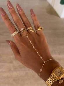 1 pieza Cadena de dedo de acero inoxidable chapada en oro de 18K estilo INS de lujo para mujeres, cadena de dedo conectada elegante y personalizada de alta gama, adecuada para uso diario - Dorado - Ver 1
