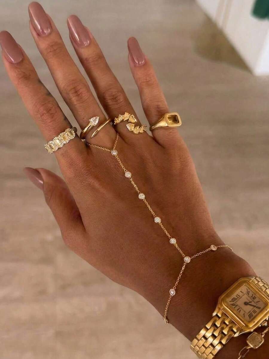 1 pieza Cadena de dedo de acero inoxidable chapada en oro de 18K estilo INS de lujo para mujeres, cadena de dedo conectada elegante y personalizada de alta gama, adecuada para uso diario - Dorado - Ver 1