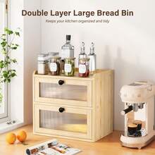 Bread Bin Wooden Bread Storage Box For Kitchen, Countertop Double Decker Bread Box Keep Bread Storage Fresh With Clear Acrylic Windows (Wood) - A - View 8