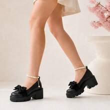 Geeyea Women's High-Heeled Flats, Thick Heel,Round Toe,With Pearl Ankle Strap And Bow Embellishment,Made Of PU Material,Suitable For Parties And EverydayWear - màu đen - Xem 2