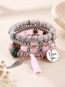 4 piezas Pulseras de niña estilo bohemio con cristal, bloques de color, hoja de turquesa, aleación y borlas multicapa - Multicolor - Ver 3